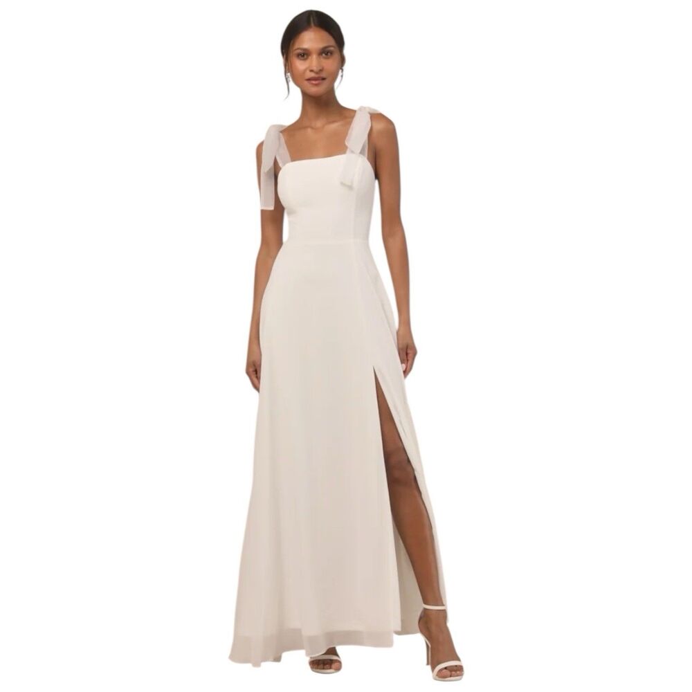Lulu's Cream Maxi Dress with Tie Straps and Side Slit